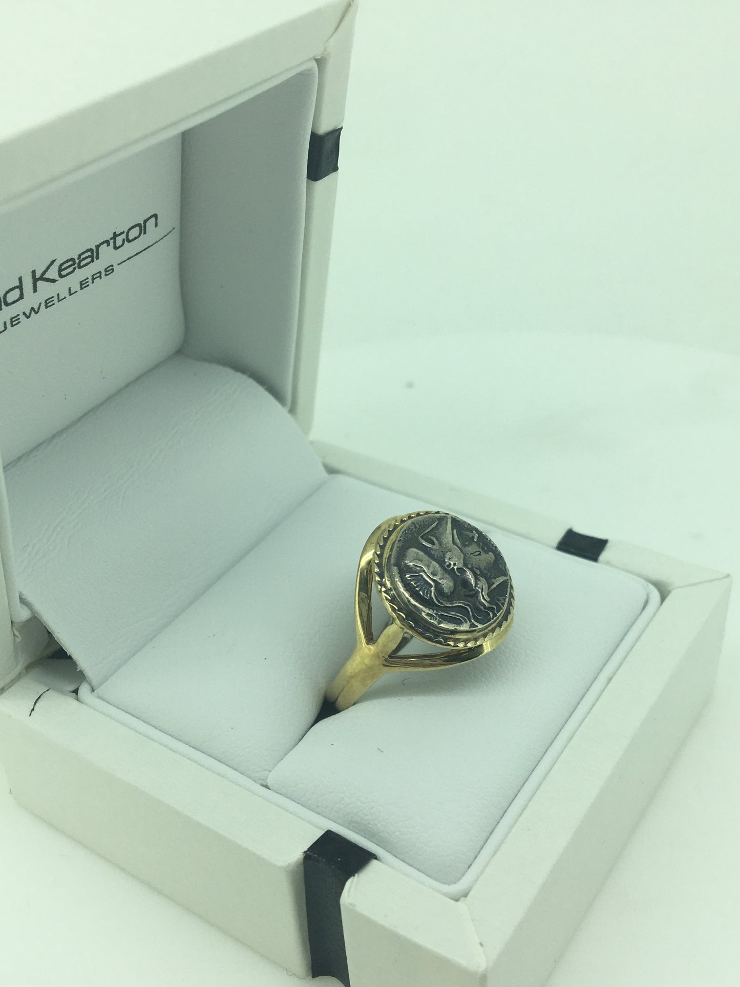 9ct Yellow Gold Oxidised Roman Coin Ring