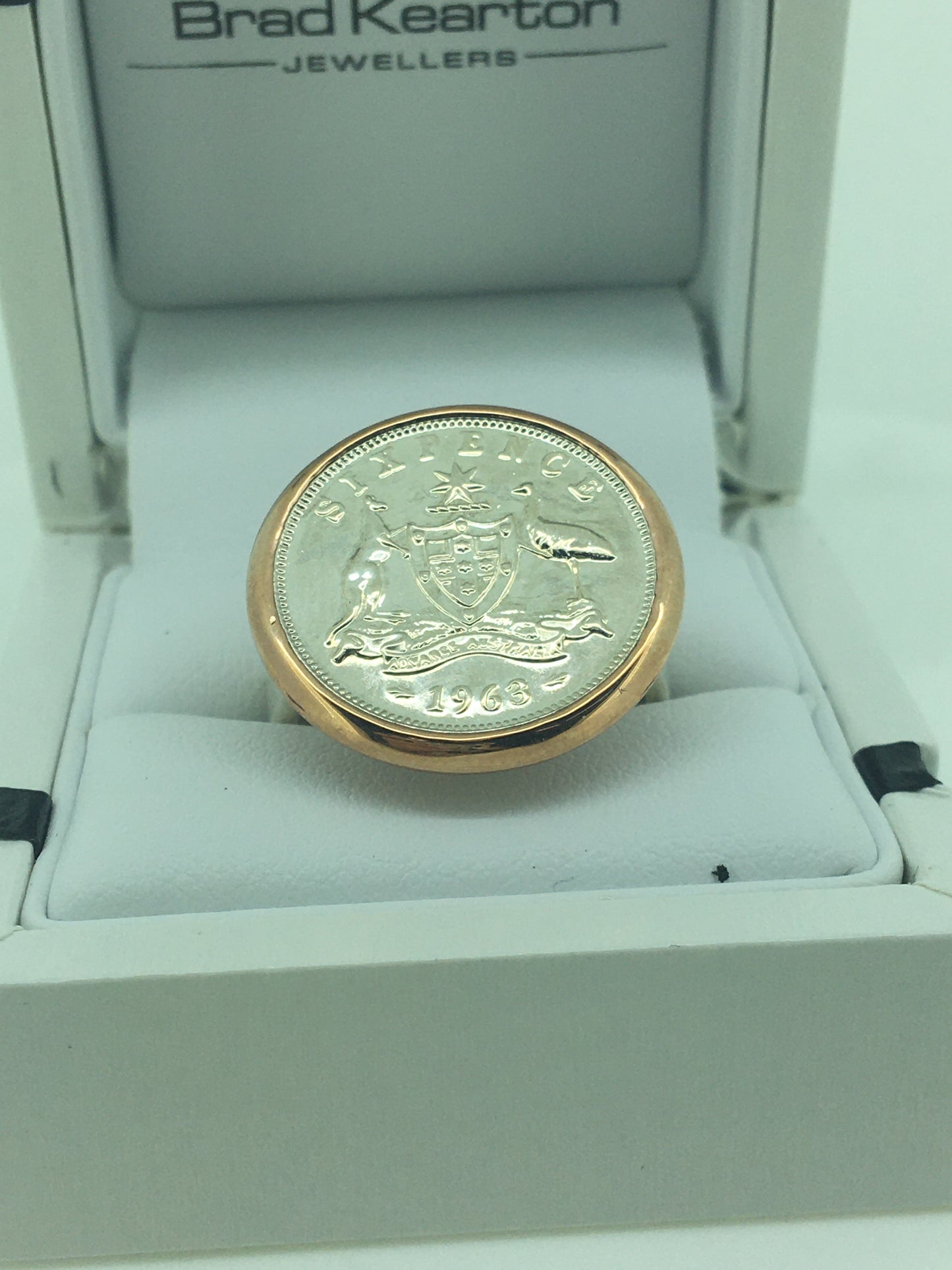 9ct Rose Gold + Sterling Silver Six Pence Coin Ring