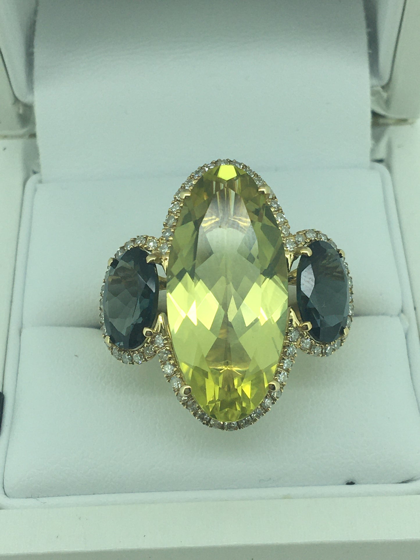 9ct Yellow Gold Lemon Quartz, London Blue Topaz & Diamond Ring