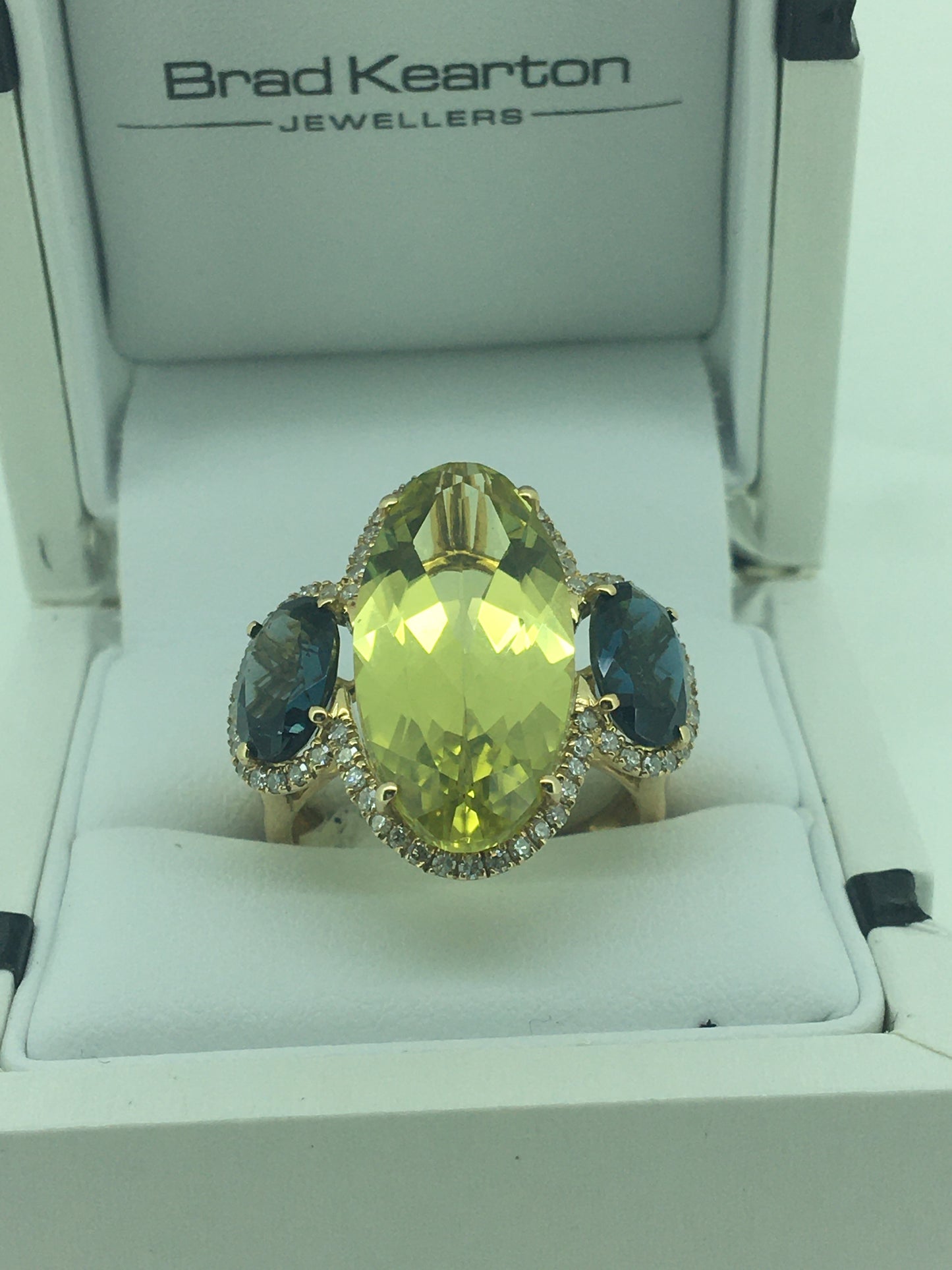 9ct Yellow Gold Lemon Quartz, London Blue Topaz & Diamond Ring