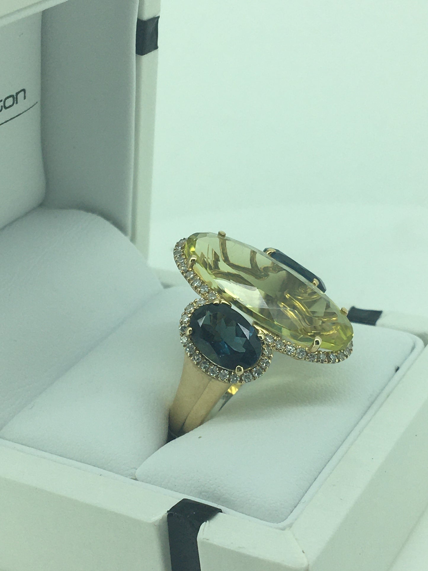 9ct Yellow Gold Lemon Quartz, London Blue Topaz & Diamond Ring