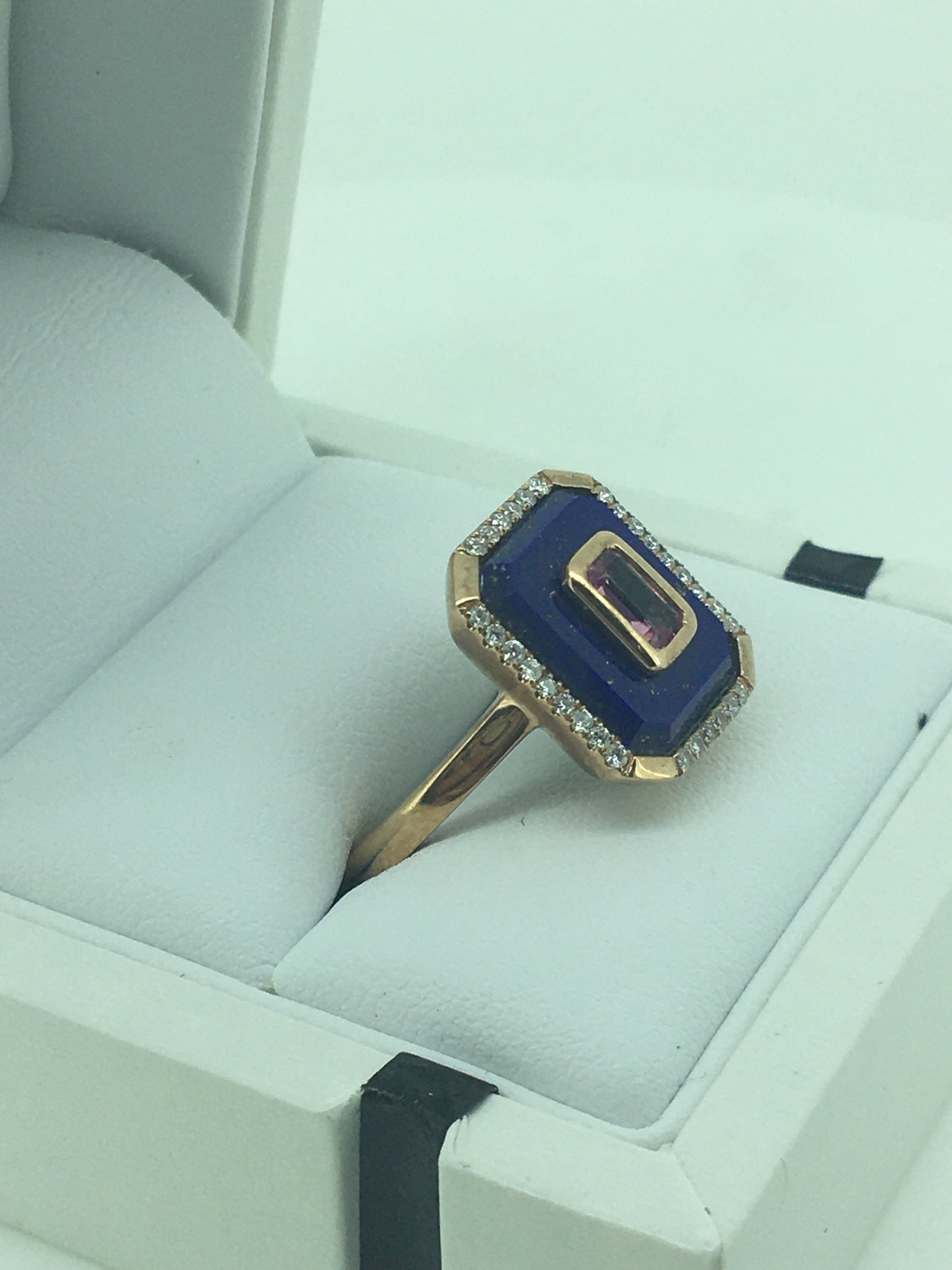 9ct Rose Gold Lapis, Pink Tourmaline & Diamond Ring