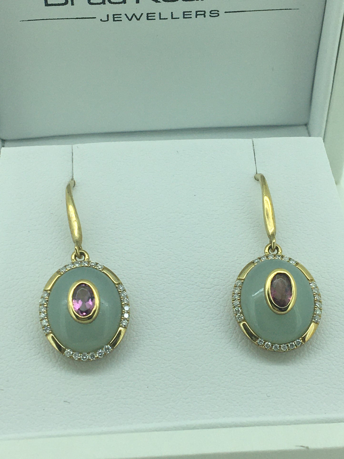 9ct Yellow Gold Green Amethyst, Pink Tourmaline & Diamond Drops