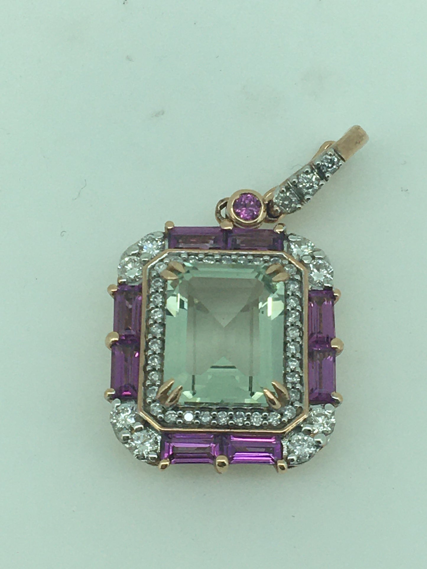 9ct Rose Gold Mint Quartz, Rhodolite Garnet & Diamond Enhancer