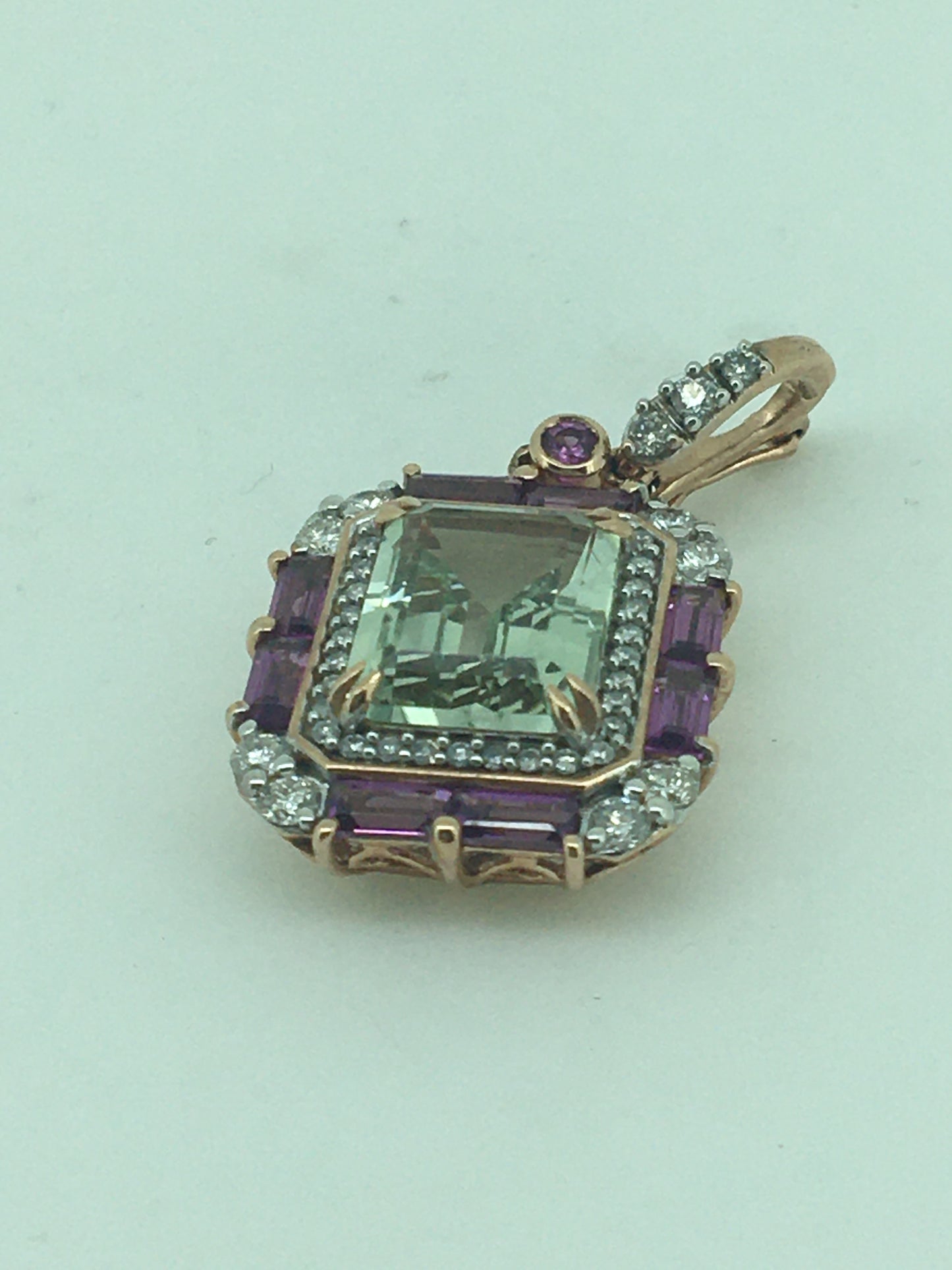9ct Rose Gold Mint Quartz, Rhodolite Garnet & Diamond Enhancer