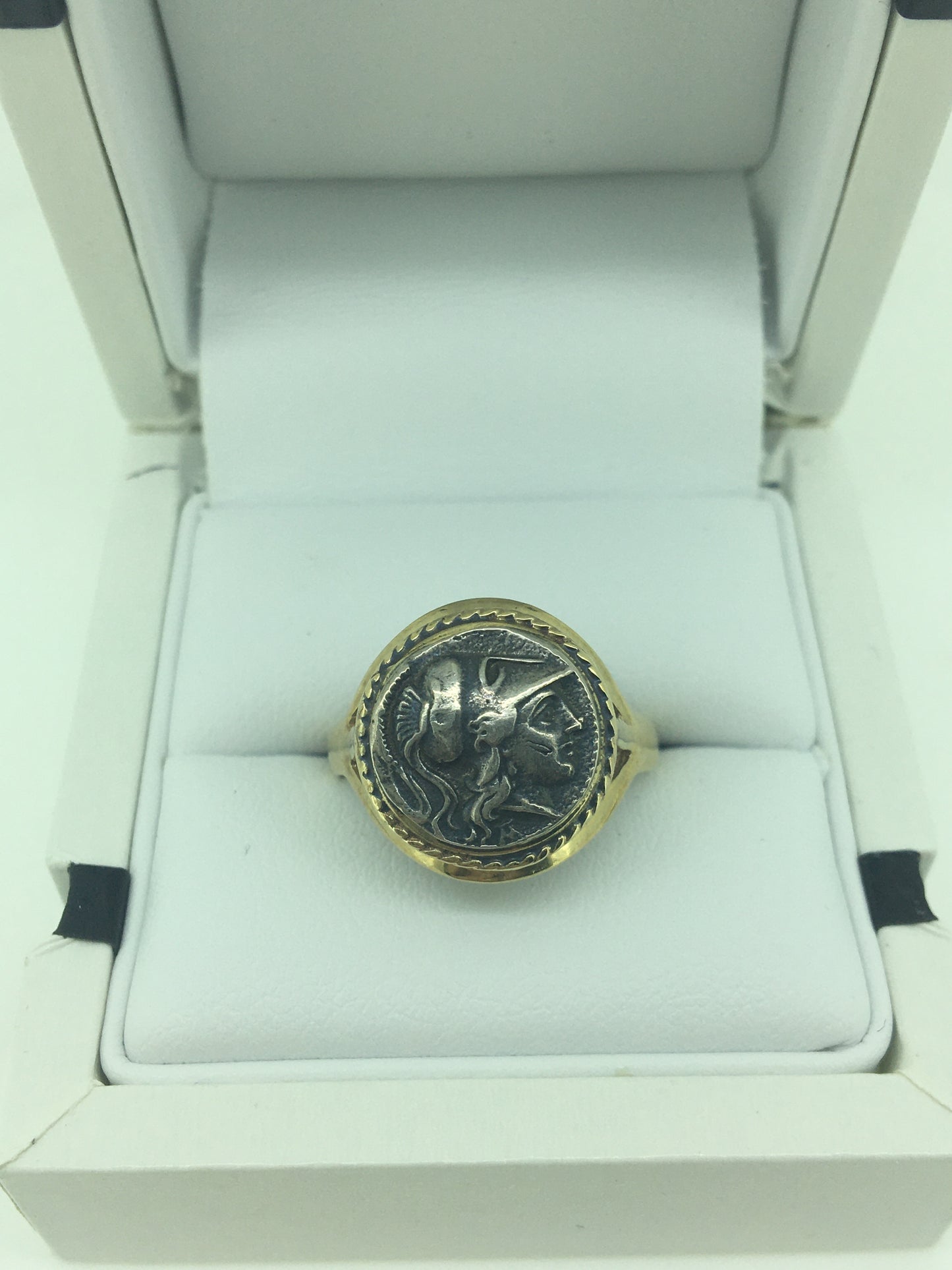 9ct Yellow Gold Oxidised Roman Coin Ring