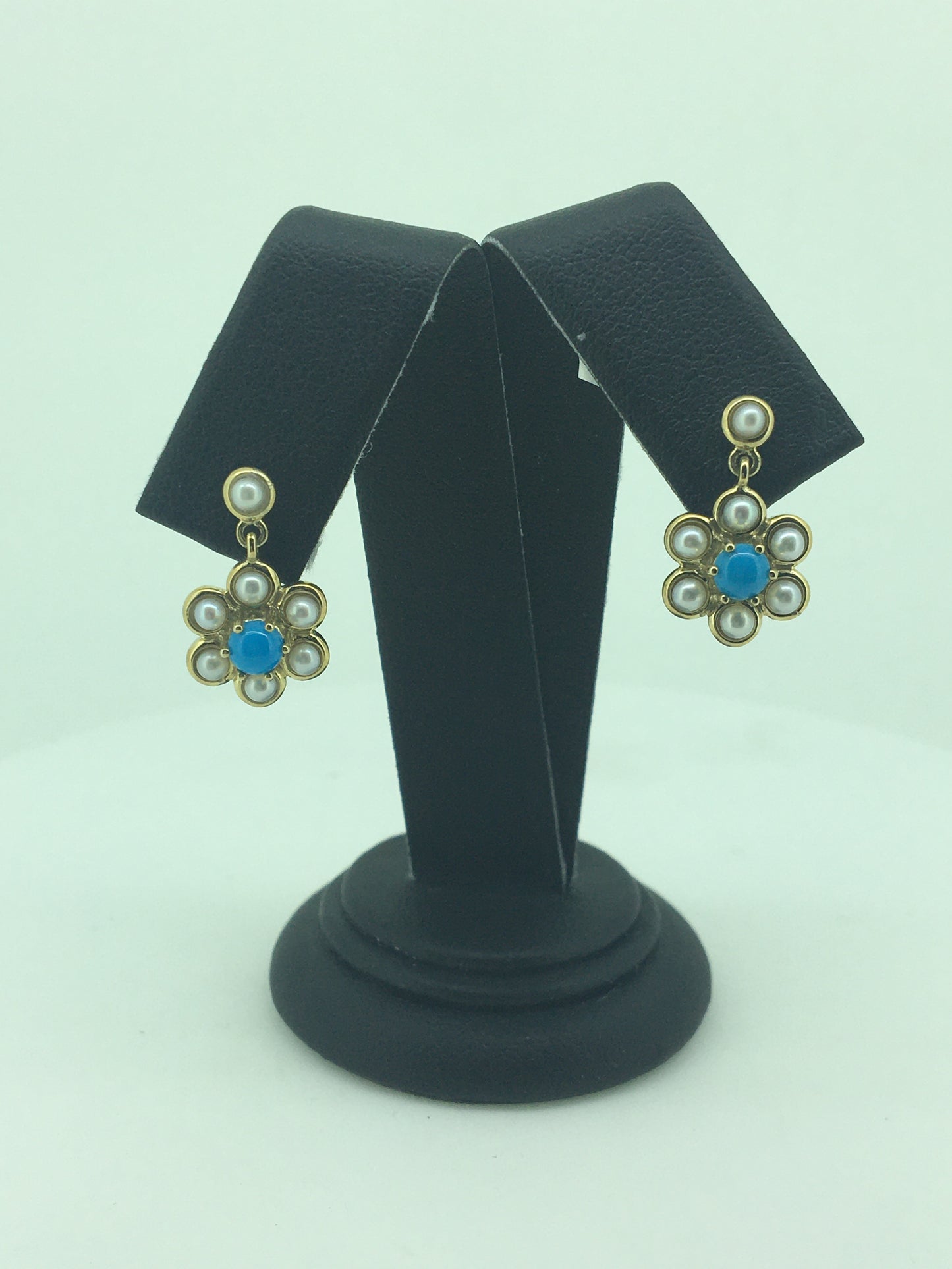9ct Yellow Gold Turquoise & Pearl Flower Studs
