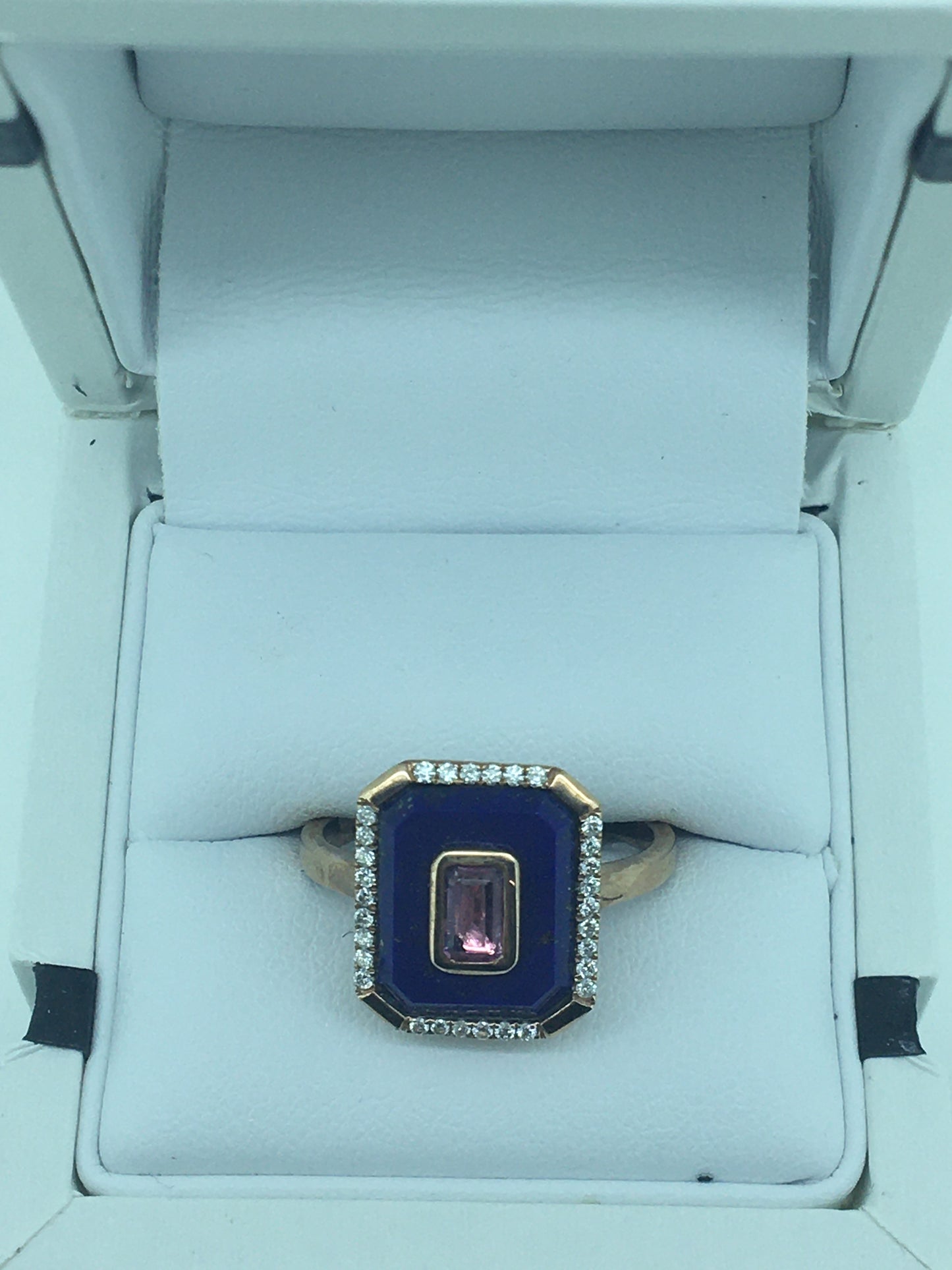 9ct Rose Gold Lapis, Pink Tourmaline & Diamond Ring