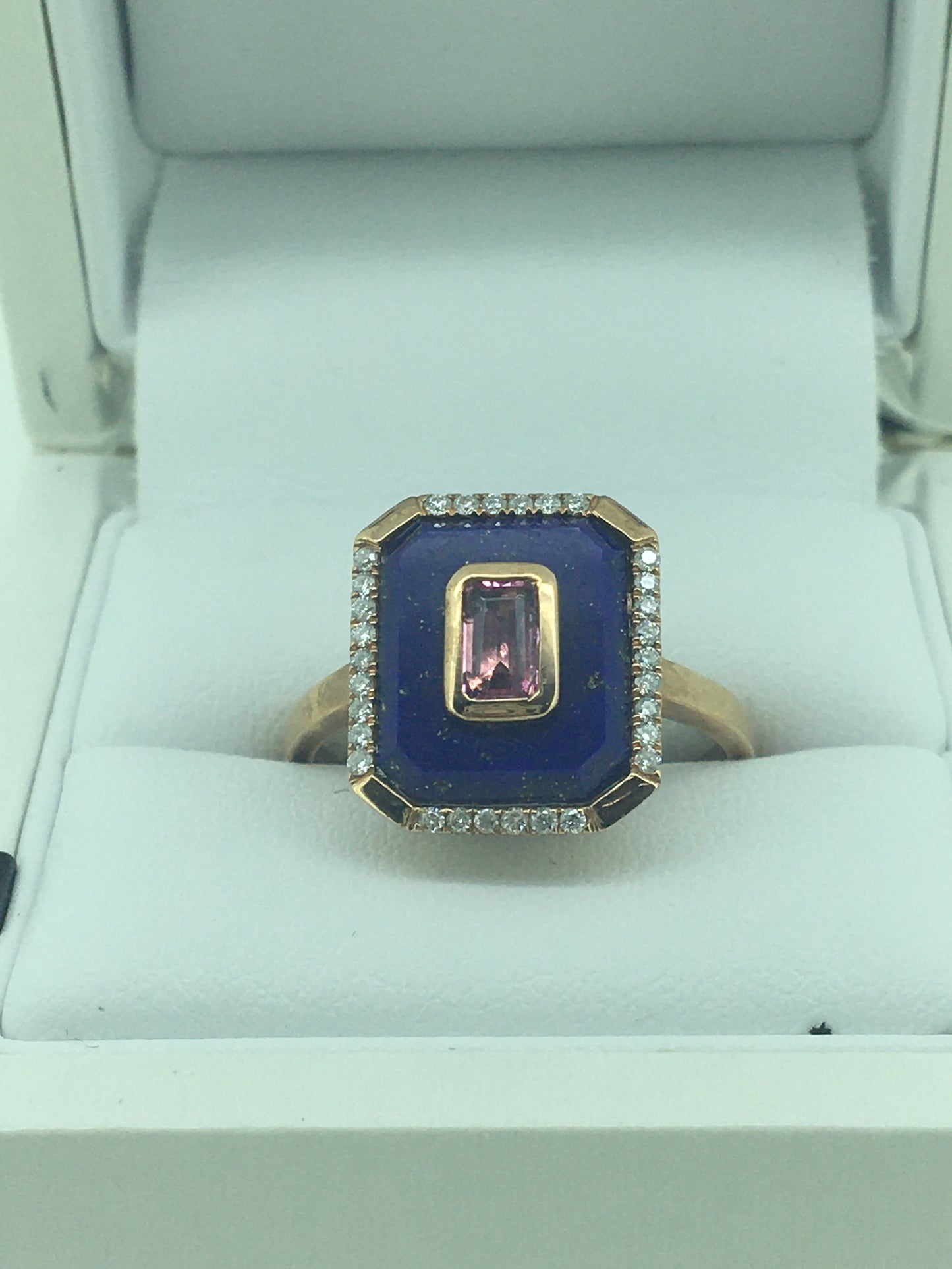 9ct Rose Gold Lapis, Pink Tourmaline & Diamond Ring