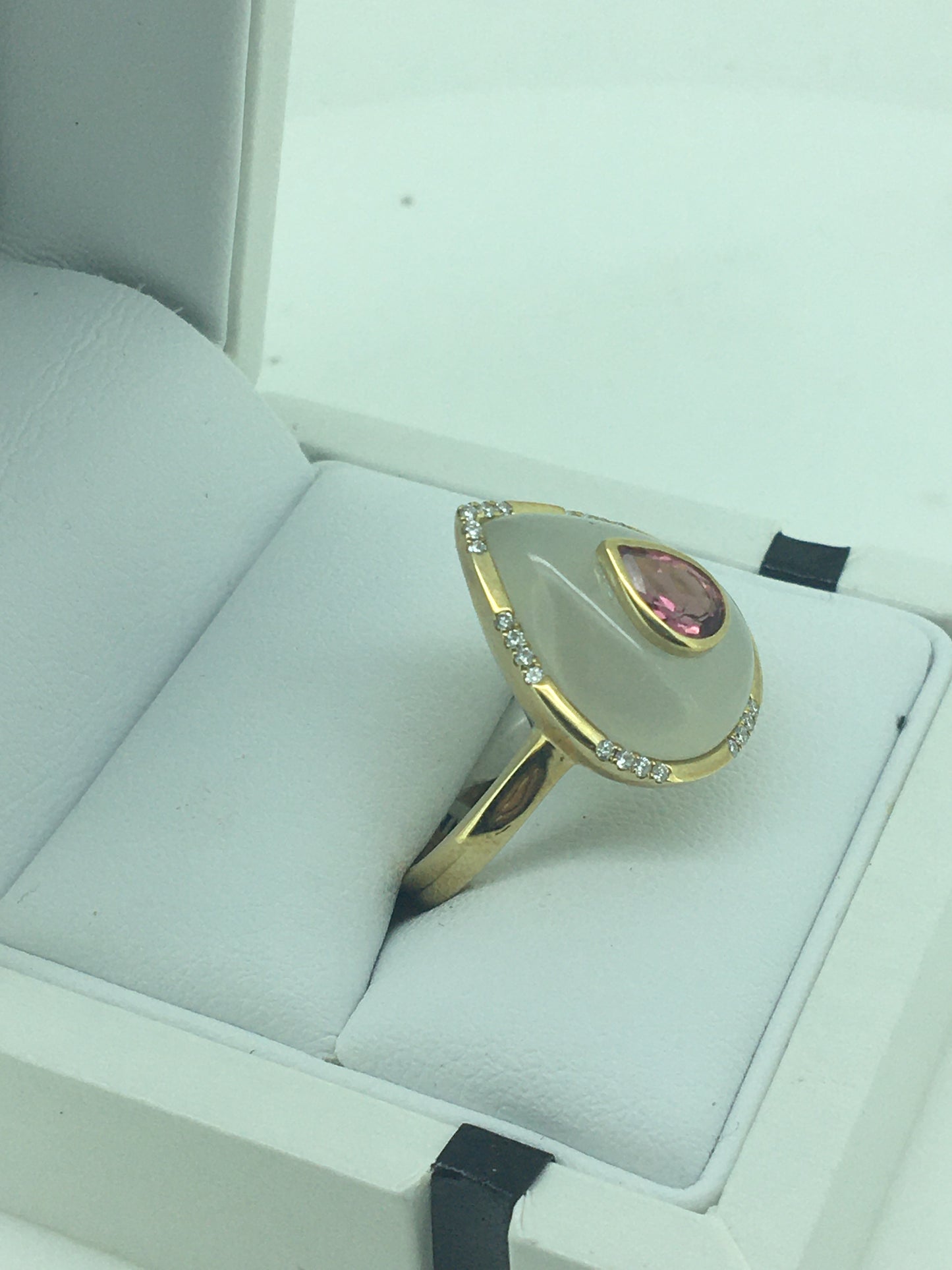 9ct Yellow Gold Moonstone, Pink Tourmaline & Diamond Ring