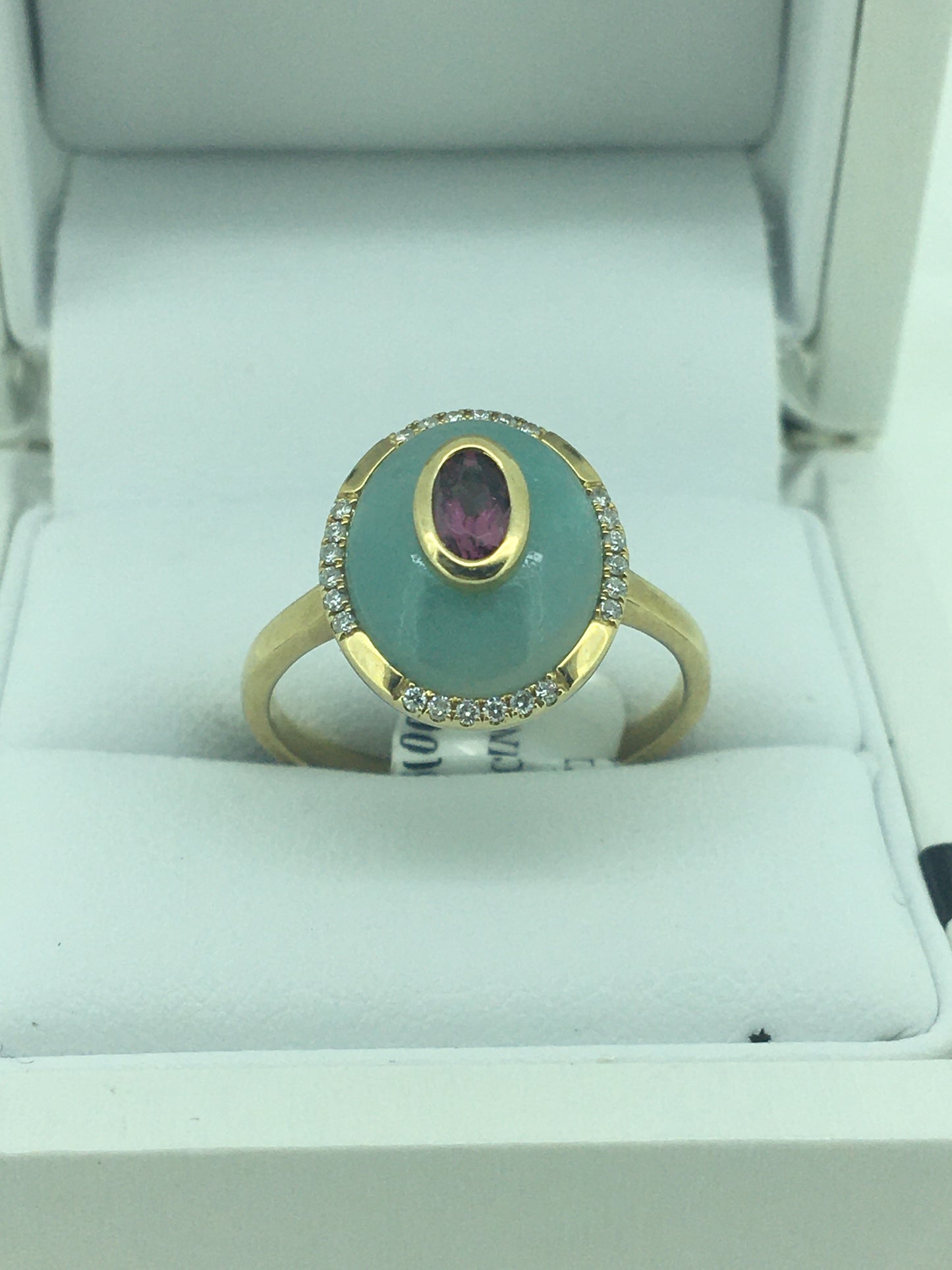 9ct Yellow Gold Amazonite, Pink Tourmaline & Diamond Ring